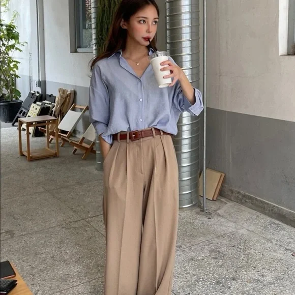 Blouse shirt blue light office casual button collar long sleeve top - Picture 4 of 7